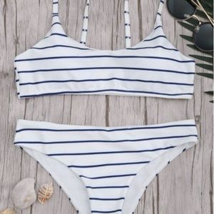 navy and white striped bikini